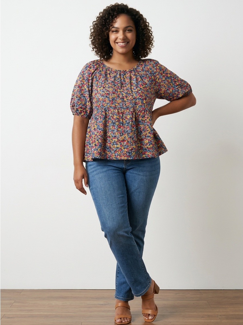 Old Navy Multicolor Floral Puff-Sleeve Peplum Top